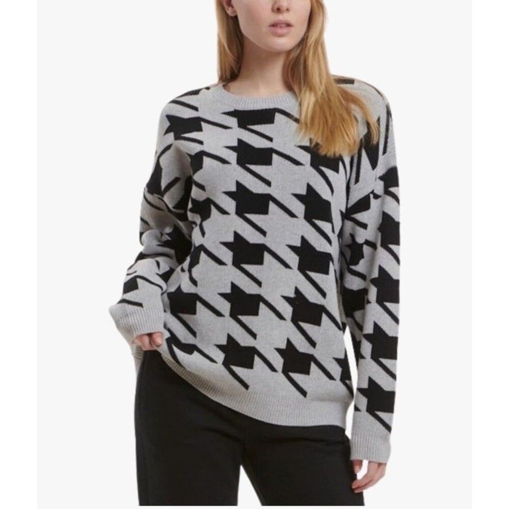 Sundown By Splendid Cuffed Houndstooth Pattern Sweater Super Soft Black Grey  M